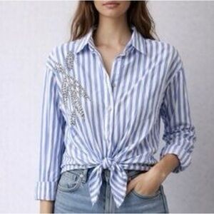 Milk and Honey Blue White Striped Crop Top Crystal Appliqué Long Sleeve Preppy